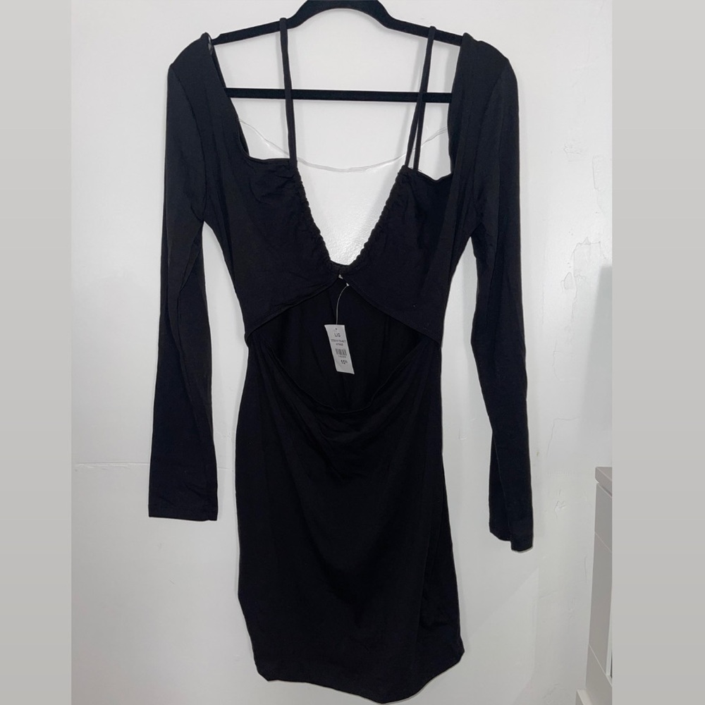 Brand New with Tags- Body Con Low-V neckline long sleeve black dress with straps